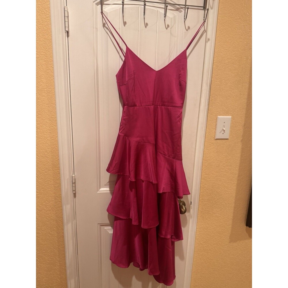 Charming Crush Hot Pink Satin Tiered Ruffled Midi Dress size xs - Picture 2 of 11